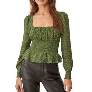 REFORMATION Hearth Smocked Blouse Top Peat Green Polka Day‎ Square Neck Size 10
